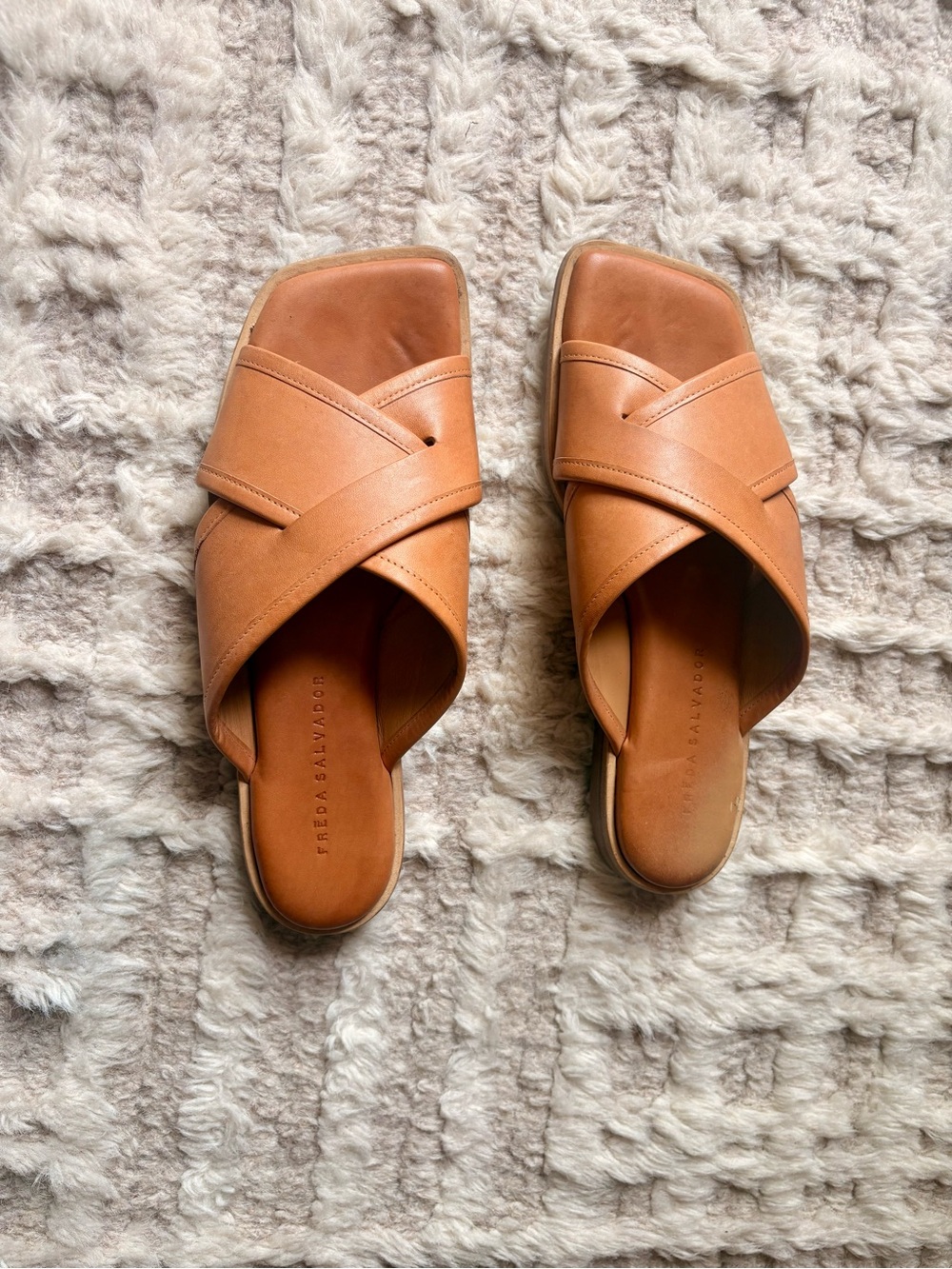 Freda Salvador Tan Leather Crisscross Slide Sandals